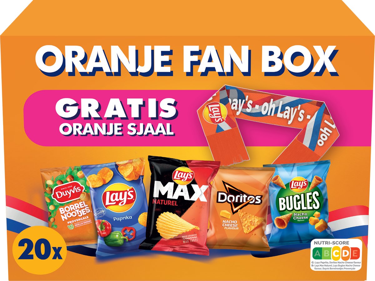 Lay's chips oranje fan box mix - paprika, naturel nacho cheese - doos 620 gram bevat 20 uitdeelzakjes