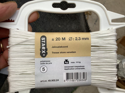 Cuerda Starx blanca 2,3mm. de espesor x 20 metros de largo. cordón ciego. Fuerza de tracción de 14 kg. .