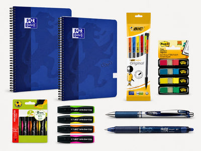 Various brands back to school - school set - spiral pad A4, pens, highlighters, index tabs mechanical pencils - blue