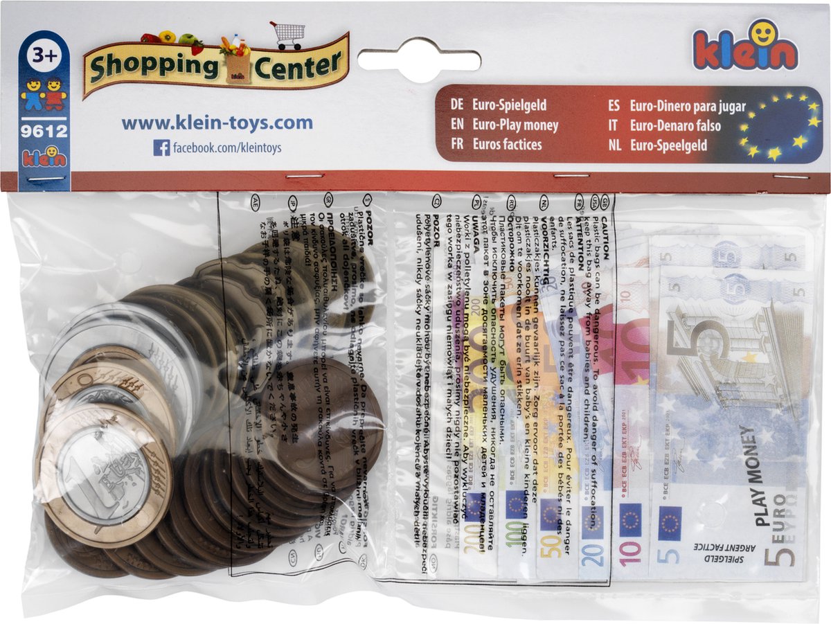 Klein Toys Euro Play Money - 25 monete da 1 centesimo a 2 euro e 35 banconote da 5 a 500 euro - multicolore