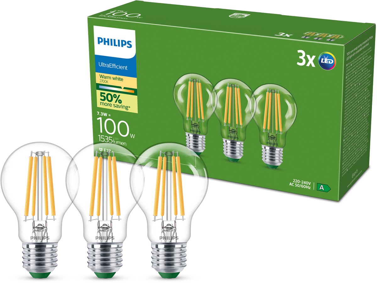 Lampadina a filamento Philips trasparente 100w a60 e27 x3