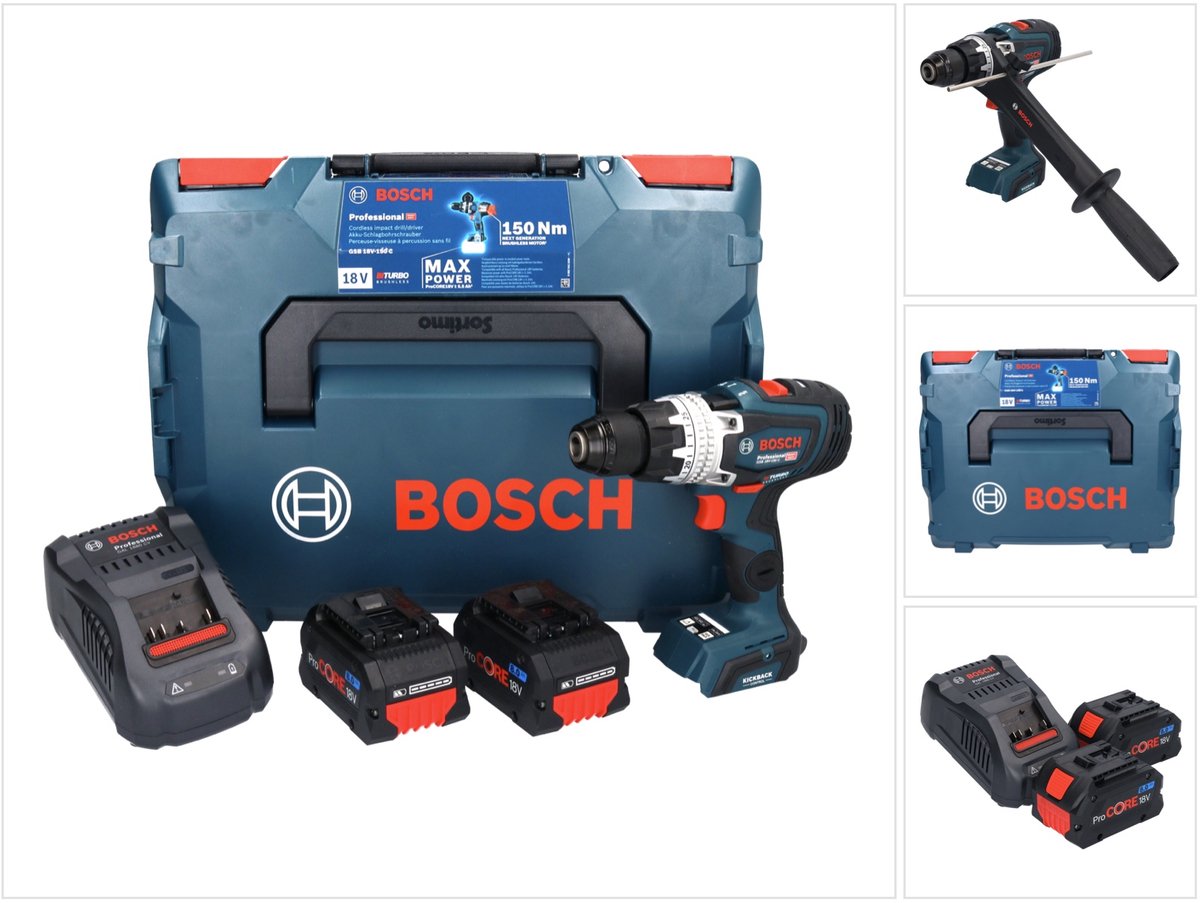 Avvitatore Bosch professional gsb 18v-150 c - biturbo - con 2 batterie 18 v (8,0 ah) e caricabatterie - in l-boxx