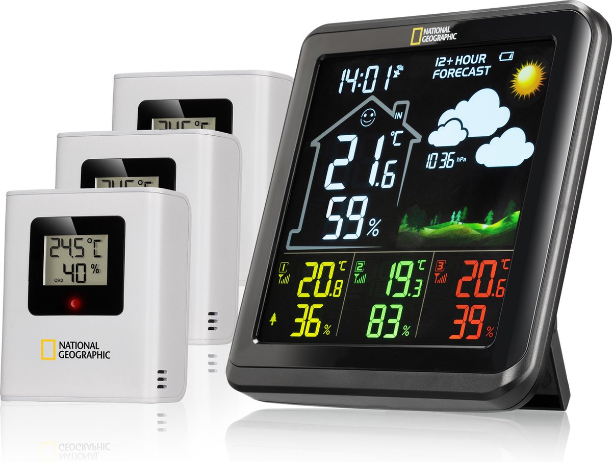 National geographic weather station - va color display weather station incl. 3 sensors - with weather forecast, alarm function etc.