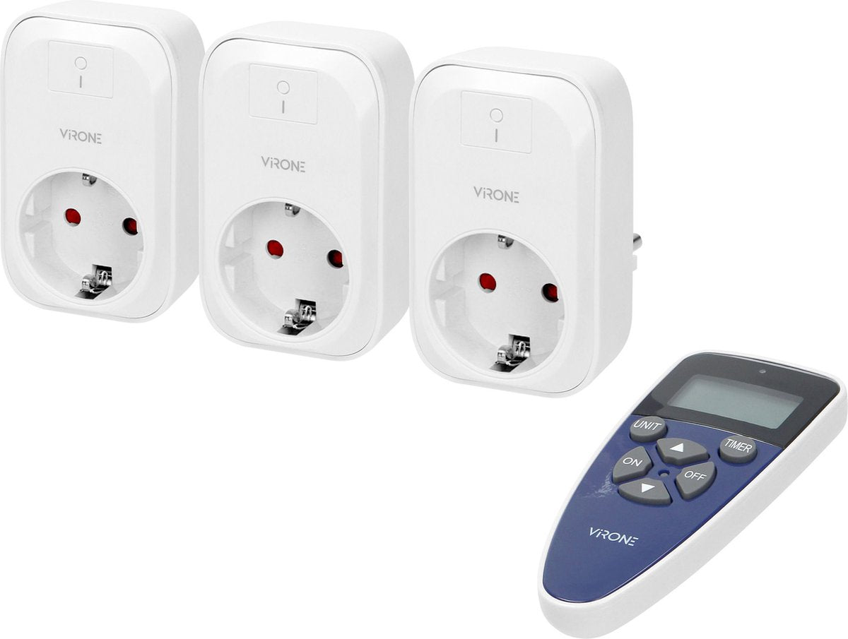 Set interruttore wireless Virone max. distanza 30 metri - presa 3x con telecomando - set interruttori per interni max. 3680 watt - bianco