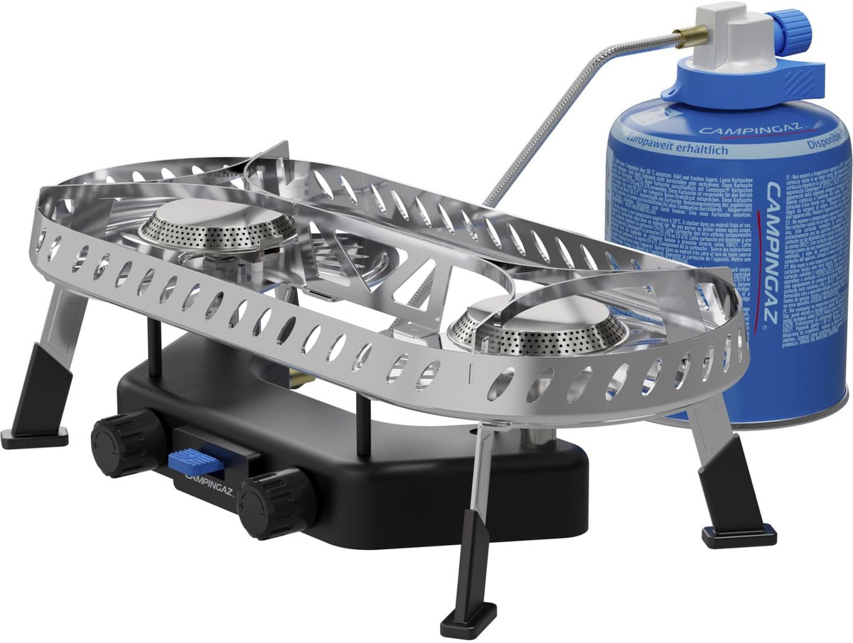 Estufa de calefacción central Campingaz camp trek twin connect - superficie de cocción estable 2x ø15cm - 2x quemadores de 2000 vatios