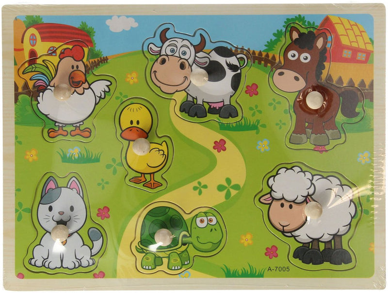 Puzzle de madera con animales de granja, 7 piezas.