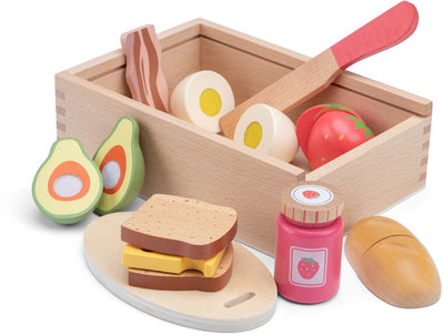 Woet ® set da taglio in legno colazione in scatola portaoggetti - set da gioco per la colazione con tagliere pane, formaggio, uova e frutta - cibo giocattolo educativo - giochi di ruolo da cucina - da 2 anni