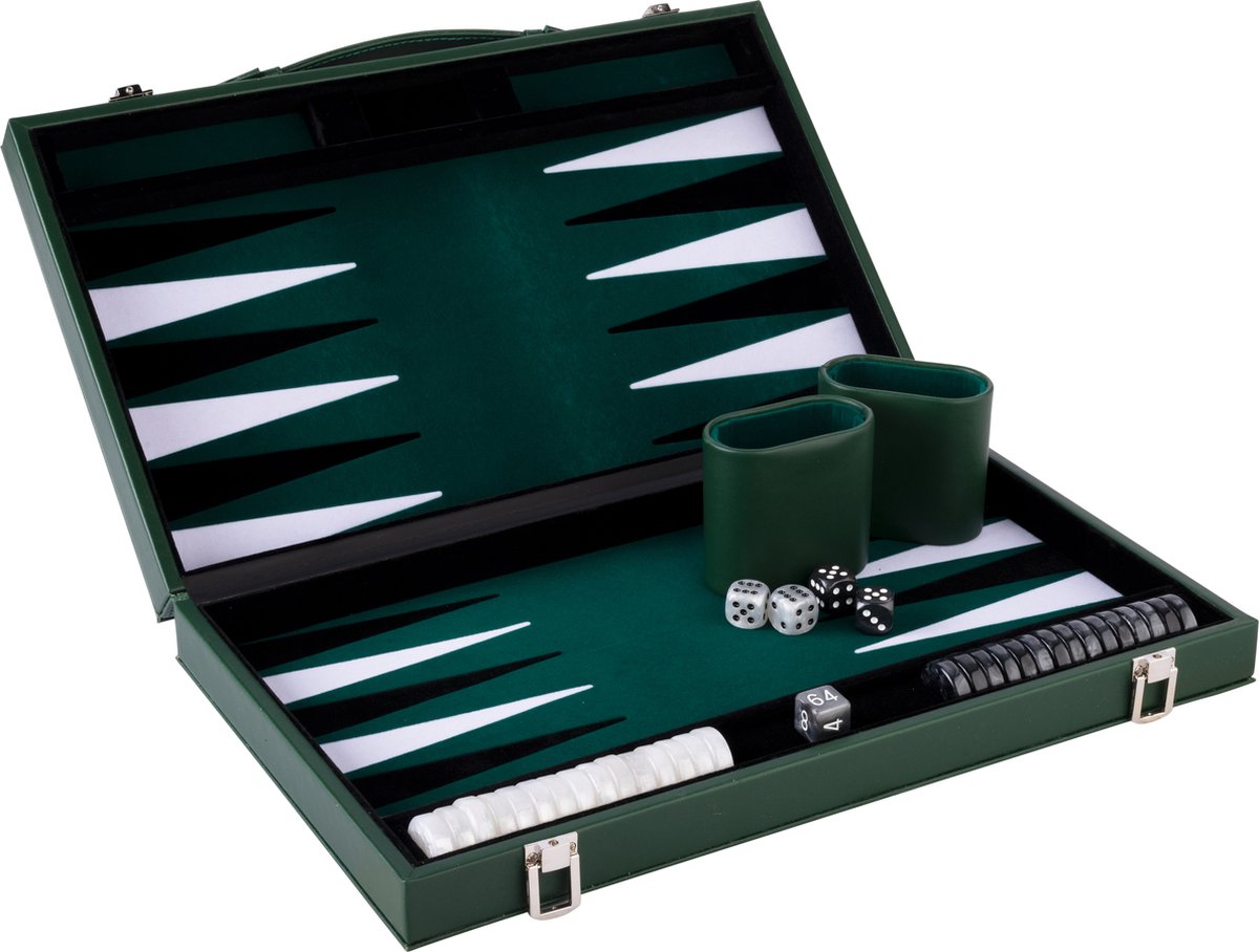 Backgammon Longfield de 18 pulgadas - tablero con incrustaciones verde, blanco y negro - lujoso estuche verde con asa - corazón de ángel