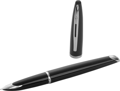 Penna stilografica Waterman Carène Mar Nero | nero lucido con finitura rivestita in palladio | punta fine con cartuccia d'inchiostro blu | confezione regalo