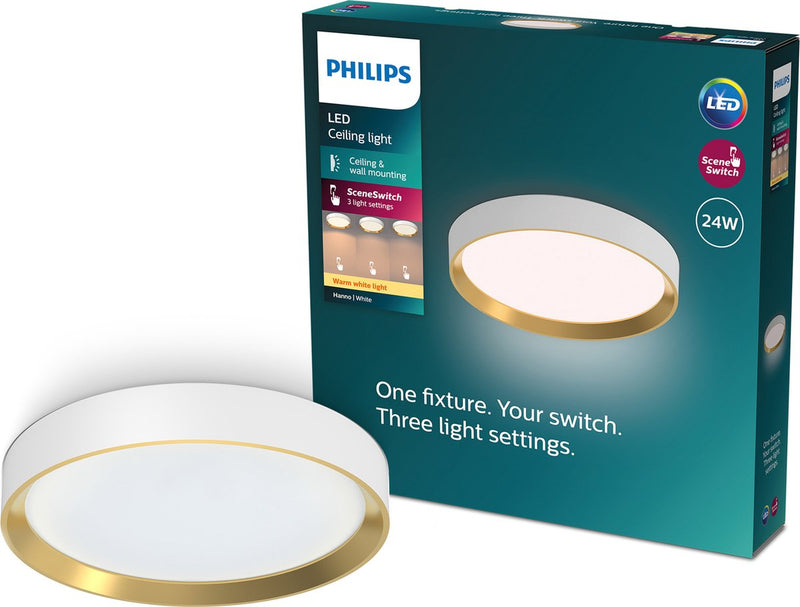 Philips Lámpara de techo LED Philips Hanno - tecnología de iluminación con interruptor de escena - 24w - luz blanca cálida - blanco con diseño dorado