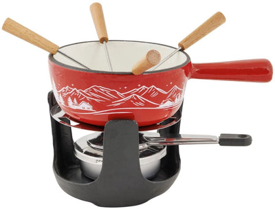 Cozy trendy aspen fondue set cast iron ø14 cm - red - incl. burner 4 forks - 4 people