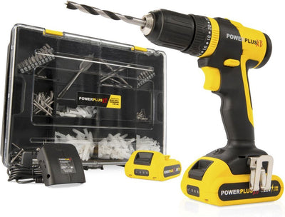 Trapano a percussione a batteria Powerplus POWXB10070 - 3 in 1: trapani, martelli e viti, trapano da 20 V, 30 nm, viti sinistra e destra, incl. 2 batterie 1,5 Ah e 1 caricabatterie, 362 accessori