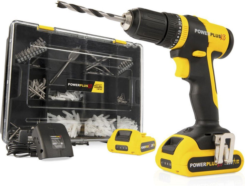 Trapano a percussione a batteria Powerplus POWXB10070 - 3 in 1: trapani, martelli e viti, trapano da 20 V, 30 nm, viti sinistra e destra, incl. 2 batterie 1,5 Ah e 1 caricabatterie, 362 accessori