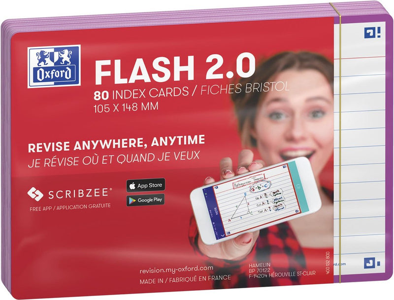 Oxford flash 2.0 - flashcard - a righe - a6 - bordo viola chiaro - 80 pezzi