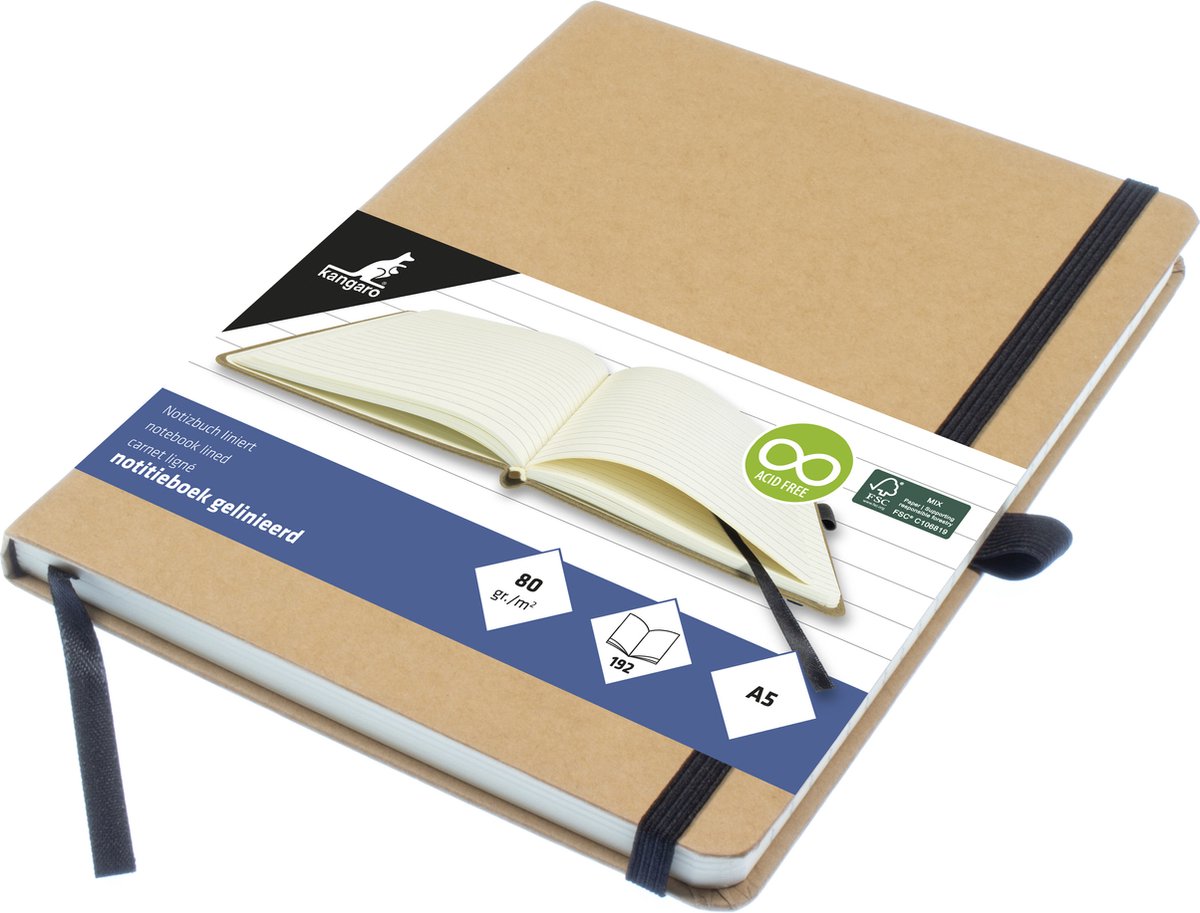 Quaderno Kangaro - a5 - kraft - con riga - con elastico, nastro e portapenna - k-552141