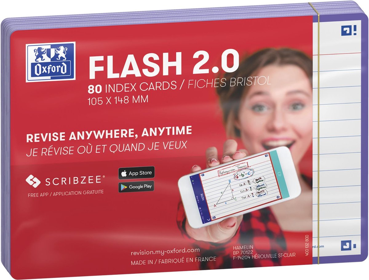 Oxford flash 2.0 - flashcard - a righe - a6 - bordo viola - 80 pezzi