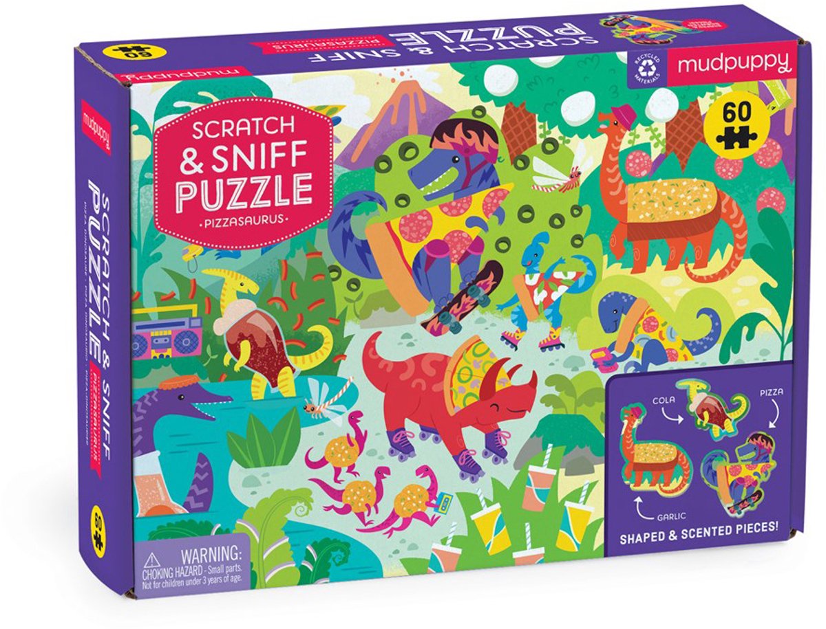 Puzzle da grattare e annusare Mudpuppy - pizzasaurus - 38x28 cm - 60 pezzi - 4 anni