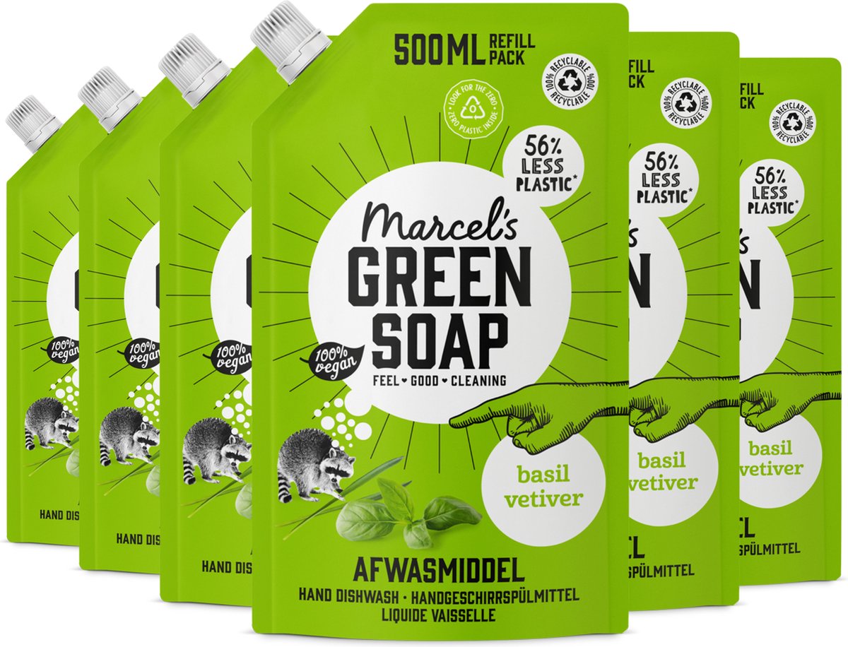 Recambio líquido lavavajillas jabón verde de Marcel - albahaca vetiver - 6 x 500 ml