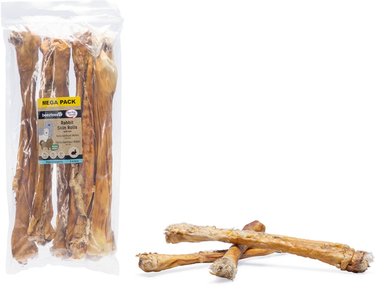 Beeztees rollo de piel de conejo con pelo 5 piezas - 35-45 cm - natural - - snacks para perros - masticables para perros