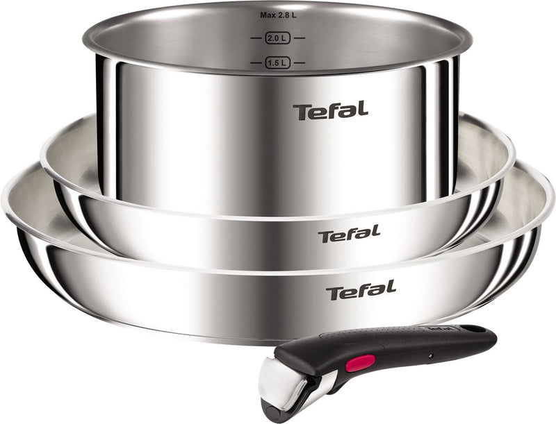 Tefal Ingenio Emotion L896S453 – Juego de sartenes 4 piezas – acero inoxidable 2 sartenes 1 cazo – mango extraíble – apilable – apto para inducción – apto para horno – batería de cocina compacta