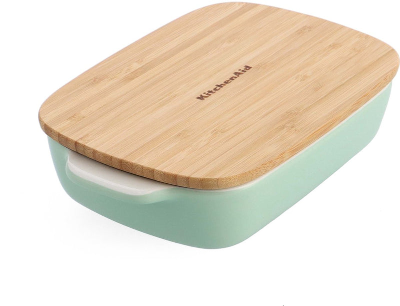 Fuente para horno Kitchenaid con tapa de bambú - pequeña: 0,9 l - apta para microondas y horno hasta 260°c sin tapa - verde pistacho