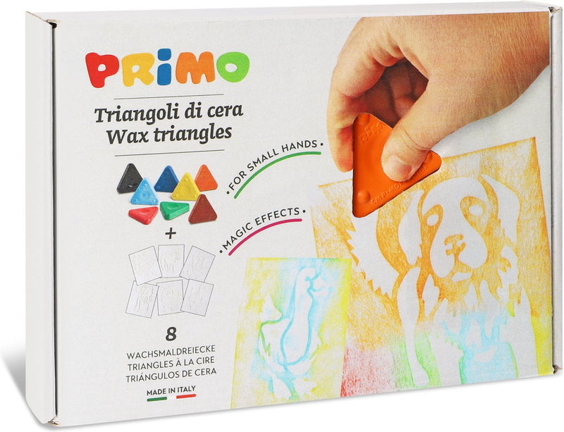 Primo - 8 pastelli a cera triangolari lato 50 mm con stencil in scatola