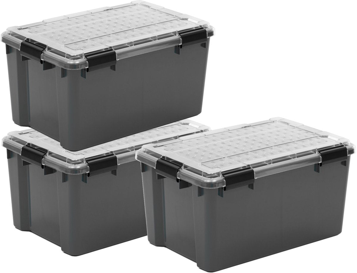 Contenitore da esterno Iris con coperchio in policarbonato - 45 l - la scelta migliore a tutto tondo - ermetico e impermeabile - plastica - grigio trasparente nero - set da 3