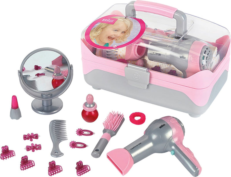 Valigia per acconciature Klein Toys Braun con asciugacapelli - accessori per capelli, specchio, rossetto e profumo - incl. ventilatore con meccanismo ad aria fredda - rosa grigio