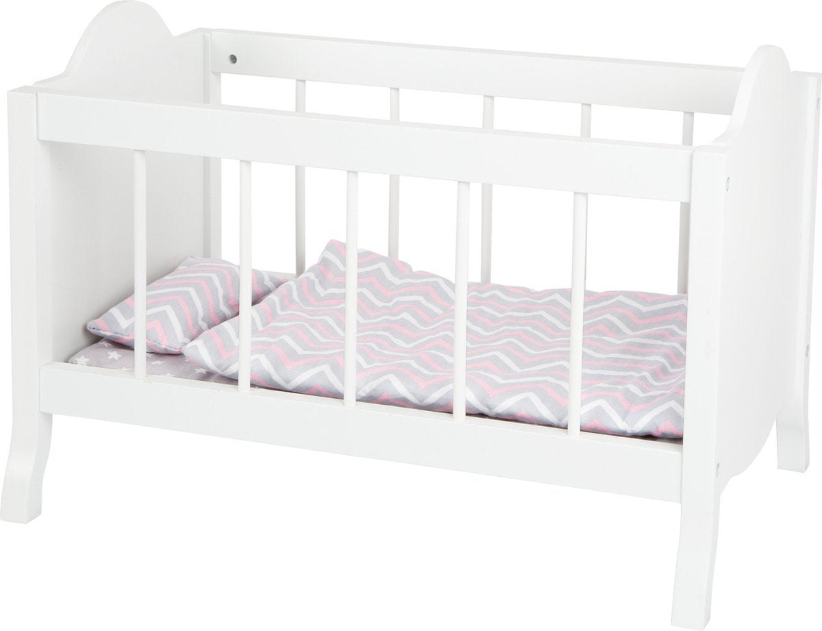 Letto per bambole in legno a piede bianco con strisce da letto, 4dlg.
