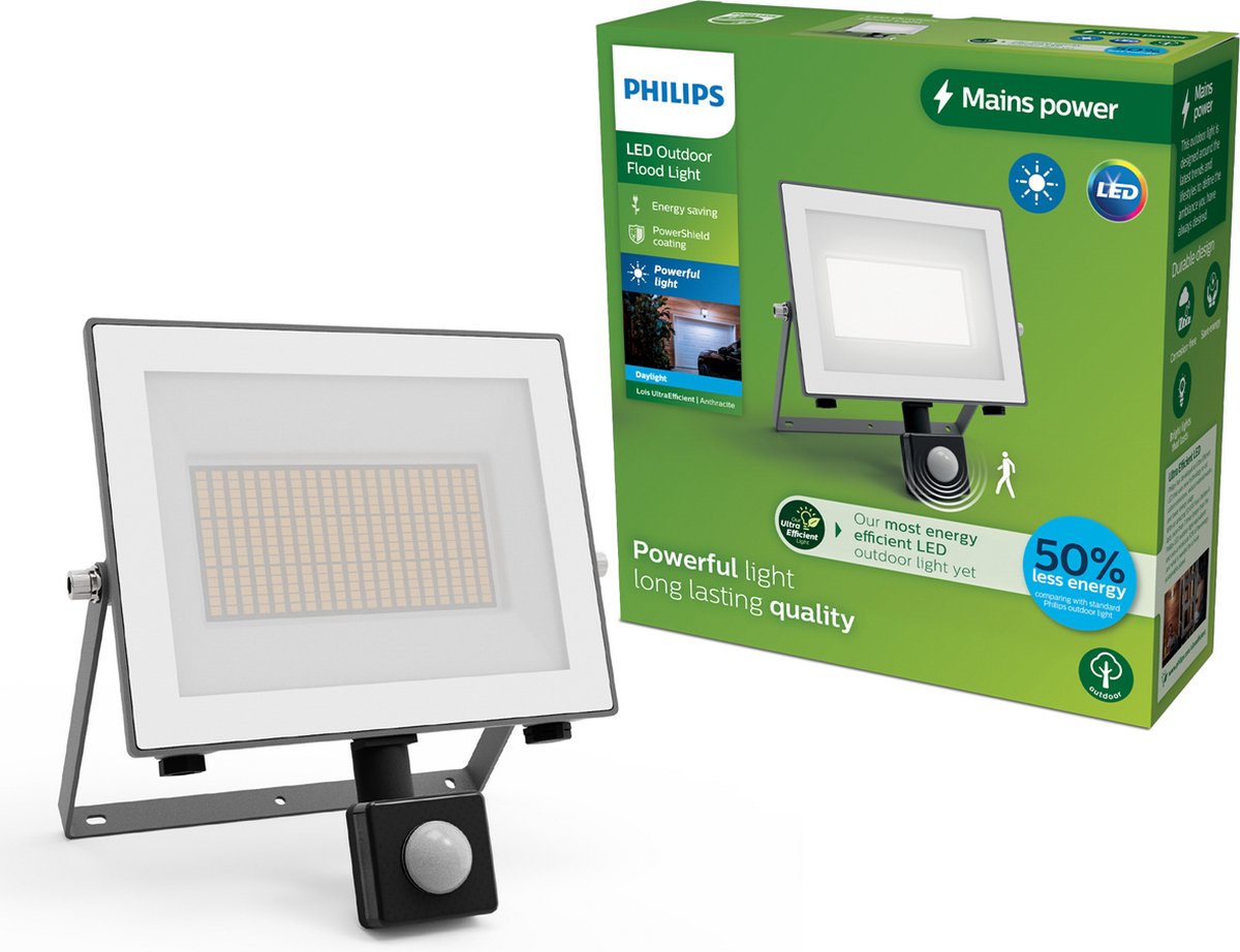 Philips led philips lois floodlight - ultraefficient led - zwart - 24w - koel wit licht; 5000k - bewegingssensor - verstraler