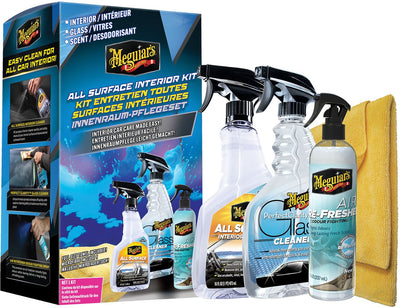 Kit per interni per tutte le superfici Meguiar's - nuovo grilletto per rinfrescare l'aria dell'auto - detergente per vetri perfettamente trasparente - detergente per interni per tutte le superfici - asciugamano in microfibra estremamente brillante