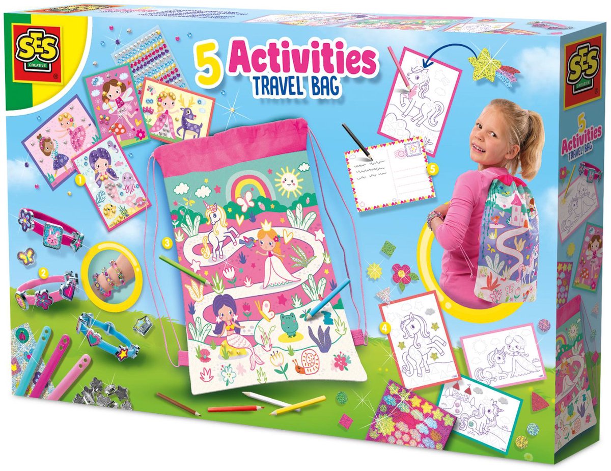 SES 5 actividades en una mochila rosa
