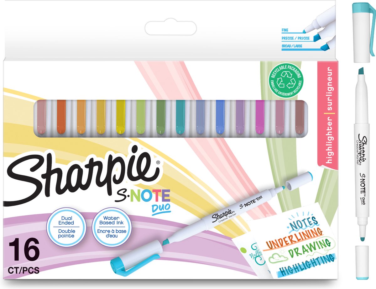 Evidenziatori Sharpie S-Note Duo | Pennarelli pastello creativi a doppia faccia | Punta a sfera e cuneo per evidenziare, disegnare, prendere appunti e altro ancora | 16 pezzi