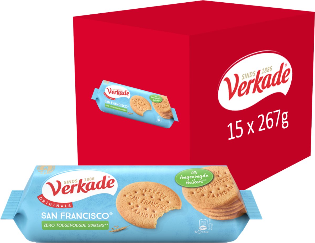 Verkade - koek - san francisco zero biscuits - 0% toegevoegde suiker - 15 x 267 gram