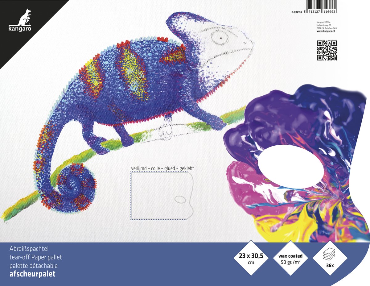 Kangaro tear-off palette - 23x30cm - 36 sheets - 50 grams with wax coating - for all paints - glued on 3 sides with thumb hole - k-830150