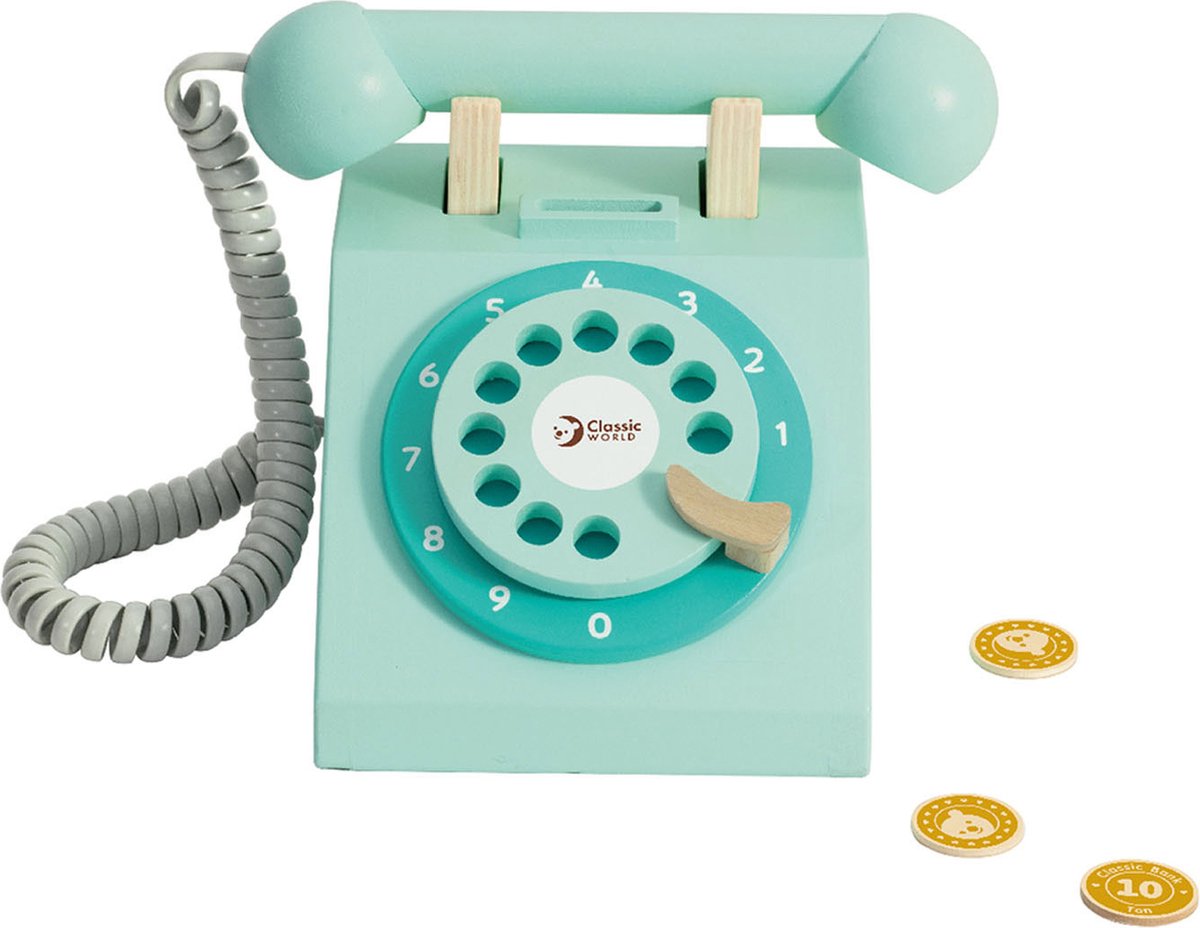 Clásico mundial mundial de madera retro teléfono retro turquesa