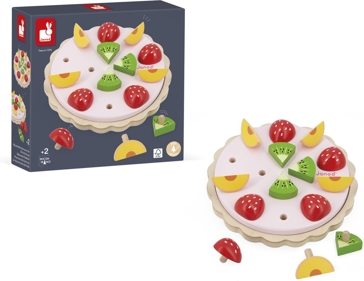 Janod - Mi primer pastel de frutas - Juego de madera con base de pastel y fruta - 15 piezas - A partir de 2 años