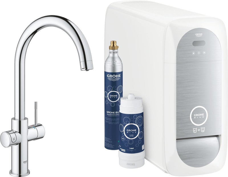 Rubinetto cucina Grohe blue home duo - con Bluetooth e WiFi - starter kit - bocca a c - cromato - per acqua purificata, refrigerata e frizzante