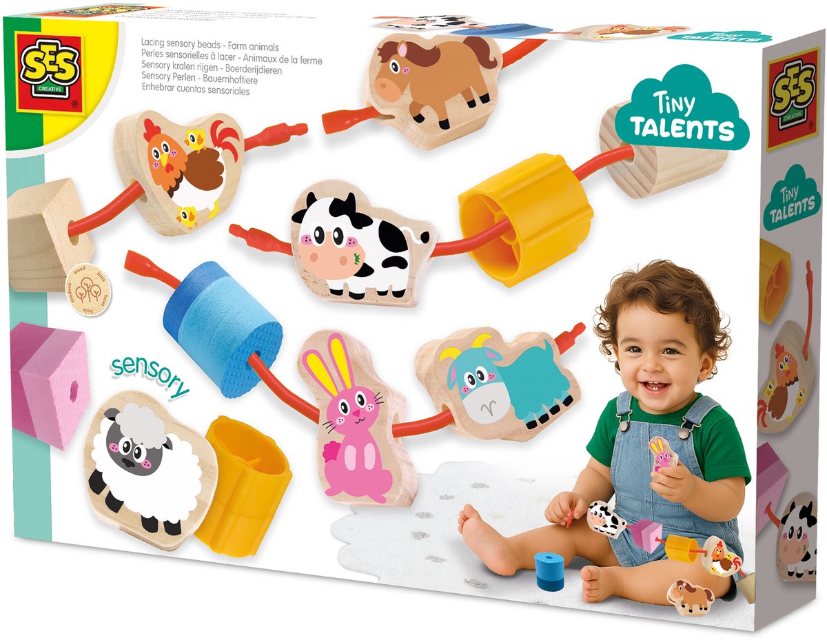Ses creative - tiny talents - sensory kralen rijgen - boerderijdieren - sensorische speelgoed - motoriek - veilige ketting - vanaf 18 maanden