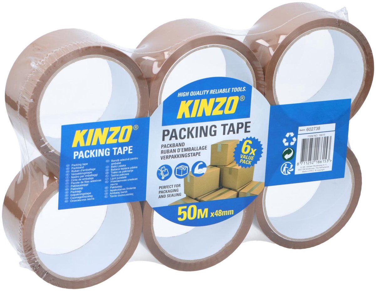 Nastro da imballaggio Kinzo – 6 rotoli – 50 m x 48 mm – nastro da imballaggio per scatole e pacchi