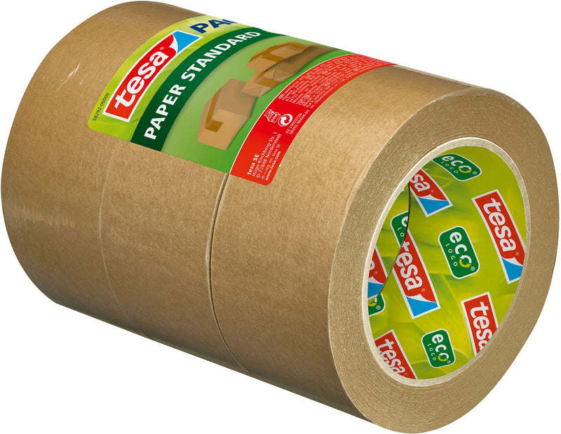 Tesa pack papel estándar - cinta de embalaje de papel - 56% materiales renovables - rasgable a mano - cinta de embalaje para paquetes ligeros - marrón - 3 rollos de 50 m x 50 mm cada uno