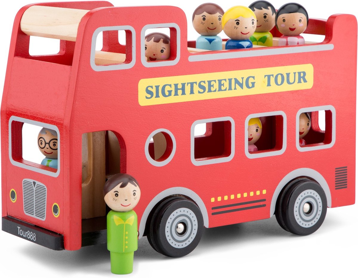 Autobús urbano de madera Woet ® - autobús de dos pisos con conductor y 8 pasajeros - vehículo de juguete con figuras - juguetes para juegos de rol - a partir de 18 meses