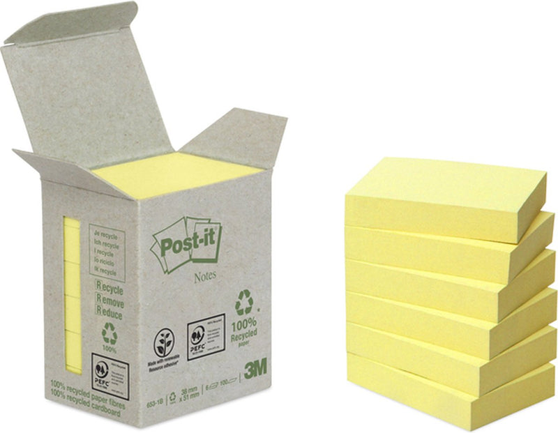 Post-it - recycled notes | 100 vel | ft 38 x 51 mm | geel | pak van 6 blokken