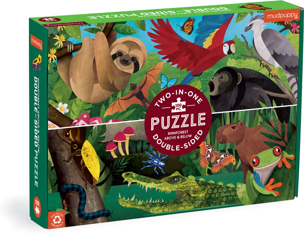 Puzzle bifacciale Mudpuppy - foresta pluviale dall'alto e dal basso - 55x42 cm - 100 pezzi - 6 anni