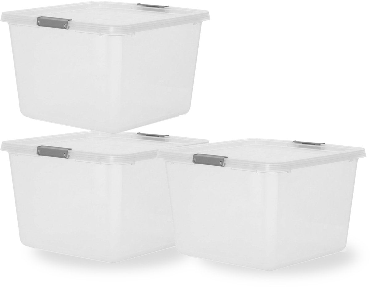 Caja de almacenamiento Iris con clips - 32 l - espaciosa - apilable - plástico - gris transparente - juego de 3