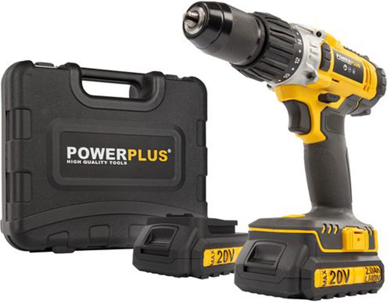 Taladro percutor inalámbrico Powerplus powx00445 - 20v - incl. 2 baterías de 2,0 Ah y cargador - velocidad variable - portabrocas metálico sin llave - taladro para hormigón, madera y acero