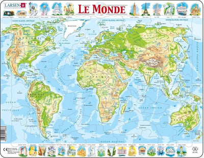 Larsen carte topographique du monde – puzzle – monde – géographie physique – puzzle éducatif pour enfants – 80 pièces – fabriqué en norvège – pièces extra épaisses de 2,5 mm – plateau avec bord fixe