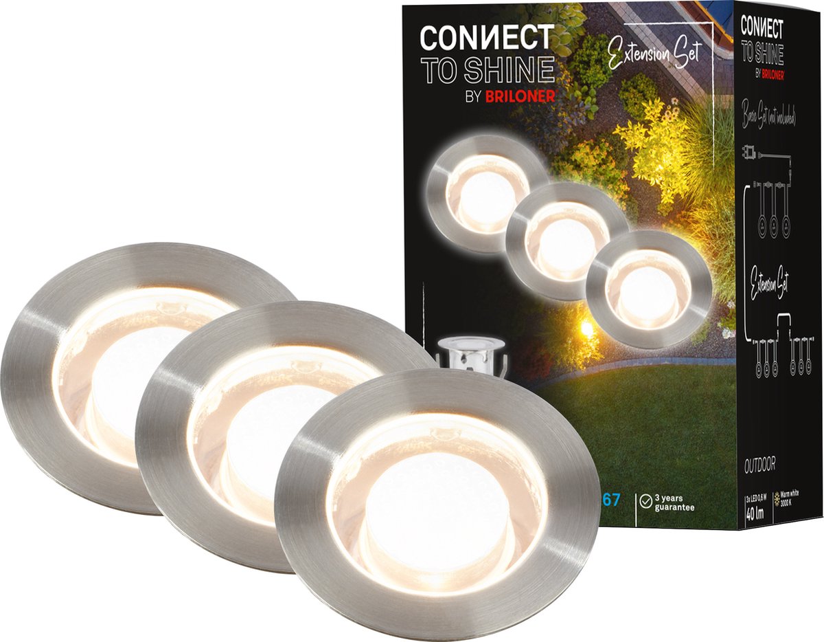 Briloner connect to Shine - Faretto LED da terra per esterno - set da 3 - set prolunga illuminazione giardino - luce bianca calda - ip67 - ø4,5x2,5 cm