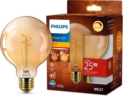 Philips Globo LED en espiral dorado - 25 W - E27 - luz blanca extra cálida regulable
