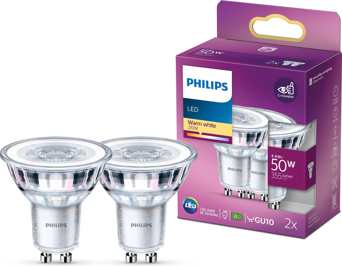 Foco LED de bajo consumo Philips - 50 w - gu10 - luz blanca cálida - 2 piezas - ahorra costes energéticos